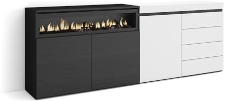 Skraut Home | Sideboard, Kommode | Aufbewahrungsschrank | 207x75x35 cm | Für Schlafzimmer, Zimmer | Elektrokamin. | Kommode mit Schubladen | Moderner Stil | Weiß