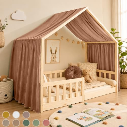 Hook Hausbett Himmel Deko Set, Betthimmel Hausbett aus Musselin - 1 Betthimmel & 1 Wimpelkette, für Jungen Mädchen Deko für Kinderzimmer, Baldachin Kinderzimmer Deko I 135 x 360cm Dunkelbeige