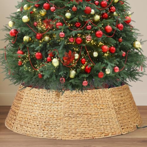 Lot de 8 colliers de sapin de Noël surdimensionnés de 106,7 cm, jacinthe naturelle tissée à la main avec ouverture préfabriquée pour arbres artificiels, jupe de sapin rustique de rechange