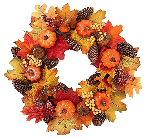Autumn Wreath, 40cm Autumn Wreaths for Front Door, Fall Autumn Door Wreath Artificial Wreath with Maple Leaf Pumpkin Berries, Thanksgiving Halloween Decorations for Window Wall Outdoor