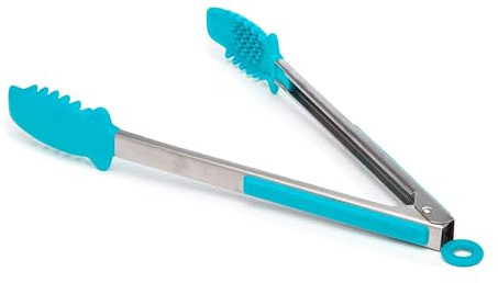 Tasty Mighty Tongs 12-Inch, Steel Reinforced Silicone Teeth, Heat Resistant to 400°F, Safe for Non-Stick Surfaces, Locking Design for Easy Storage, Dishwasher Safe, Blue