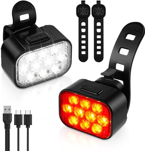 Flintronic 10 Luces Luz Bicicleta Delantera y Trasera, Luces Potente LED USB Recargable, Luz Trasera Bicicleta, 1.5H Carga Rápida y 8+9 Modos Impermeable Luces Apto para Todas Las Bicicletas