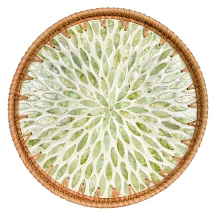 Plateau de Service Rond en Rotin, Plateau Décoratif Table Salon, Plateau Mosaïque 30cm, Plateau Rustique pour Café, Boissons, Petit-Déjeuner, Thé, Bougies, Fruits, Collations Style B