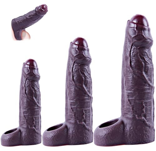 Set de fundas de pene negras – Extensores de pene de silicona pequeños, medianos y grandes con anillos para pene, puntas rojas realistas y venas realistas para un placer y resistencia máximos
