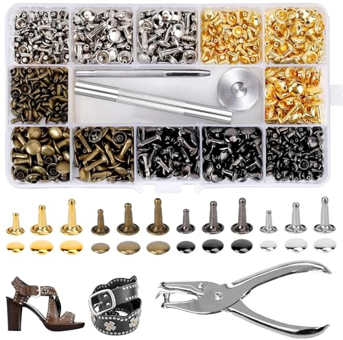 360 Stück Leder Nieten Set mit Lochzange & 3 Fixierwerkzeug, 4 Farben Doppelkappe Nietenzange,3 Größen Metallniete, Ledernieten, Reperatur Dekoration Hohlnieten für DIY Handwerk,Lederhandwerk,Kleidung