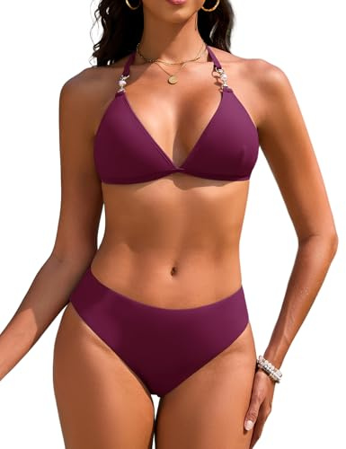 Vijamiy Triangel Bikini Damen Set Sexy Push Up Zweiteiliger Bademode String Bikinis für Damen Neckholder Swimsuit Träger Oberteil mit Riemen Perlen(Lila Rot,L)