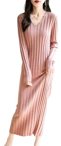Ciovkis Donna Lana Merino Maglione 2025 Primavera Autunno Moda Maniche Lunghe Lavorato Abito in Maglia (Pink,L)