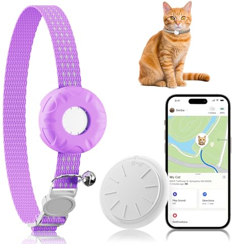 Cat Tracker, GPS Tracker Collar with Safety Elastic Buckle, Tractive GPS Cat Tracker Compatible with Apple Find My App (Only iOS), No Monthly Fee, Purple