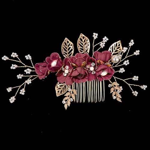 Accessori per capelli da damigella d'onore, pettini laterali per capelli da sposa e forcine con fiori per donne e ragazze, accessori per capelli da sposa per matrimonio o ballo - Bordeaux
