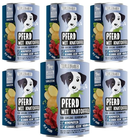 Hundefutter Nass 6x400g Pferd & Kartoffeln – Hunde Nassfutter Wet Dog Food | Tierärztlich entwickeltes Hundenassfutter 400g Dosen mit 94% Fleischanteil – Dog Food leicht verdaulich von TIERLIEBHABER