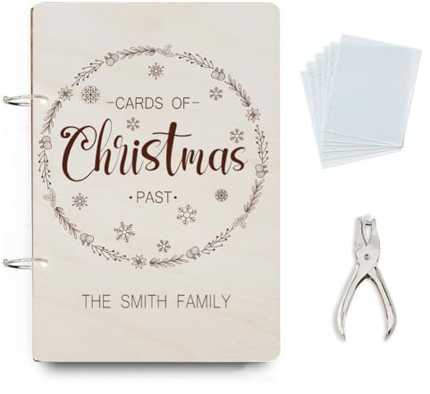 SUPERDANT Organizzatore di Biglietti di Auguri Personalizzati Raccoglitore di Cartoline di Natale Passato Porta Biglietti In Legno con Testo Personalizzato 2 anello con Perforatore e 20 tasche