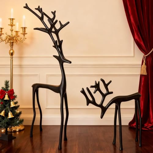 Lightyard Reindeer Statues, Christmas Imitation Metal Black Reindeer Figurines, European-Style Modern Decorative Reindeers Christmas Tabletop Ornaments for Mantel Living Room Bedroom Office (A+B)