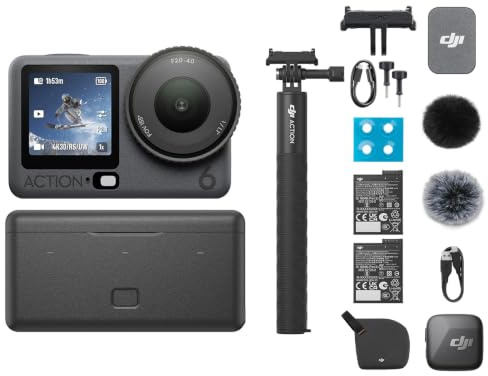 DJI Osmo Action 6 Erweiterte Combo mit Mic Mini Sender Combo, Action-Cam 4K mit 1/1,1″-Quadratsensor, Variable Blende von f/2,0-f/4,0, längere Akkulaufzeit mit 2 Akkus