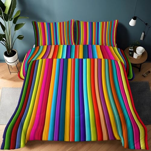 Bettdecke Einfaches Muster Mit Farbigen Vertikalen Streifen 135 x 200 cm 4 Jahreszeiten Coverless Decke, Wende Steppdecke Weiche Schlafdecke Waschbar Duvet mit 2 Kissenbezug 80x80cm, Farbe