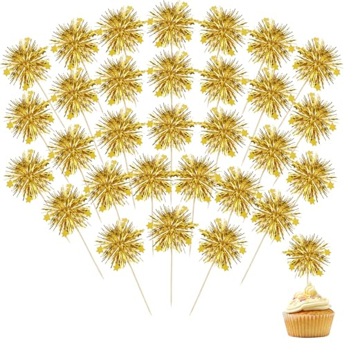 30 adornos para cupcakes con fuegos artificiales, decoración para tartas de cumpleaños, Oro