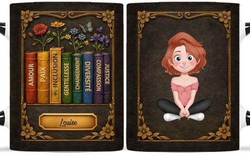 Cadeau Plus Mug Personnalisé Prénom - Amour Paix Gentillesse - Cadeau pour les amateurs de livres, tasse livre, mugs livre, tasse personnalisable, cadeaux pour les amateurs de lecture (Modèle #2)