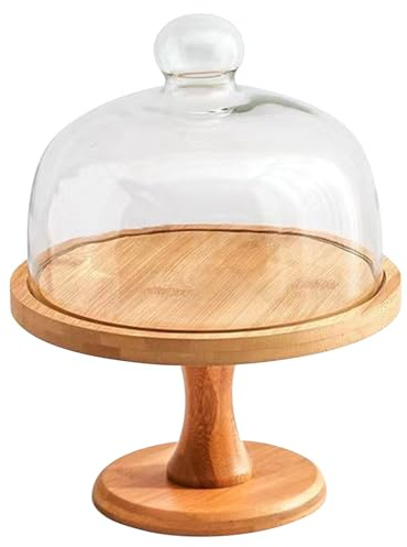 Licsaliwe Alzata per torta in legno con coperchio in vetro Supporto a cupola staccabile da 8 pollici per esposizione di frutta da dessert