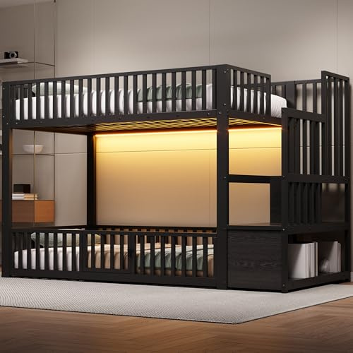 Xwiny Kinderbett 90x200 cm mit LED-Beleuchtung und Stauraumleiter, Hochbett mit Treppe Stauraum, Im unteren Bett Befindet Sich Eine Kleine Tür, Etagenbett(Ohne Matratze) (Schwarz, 90x200 cm)