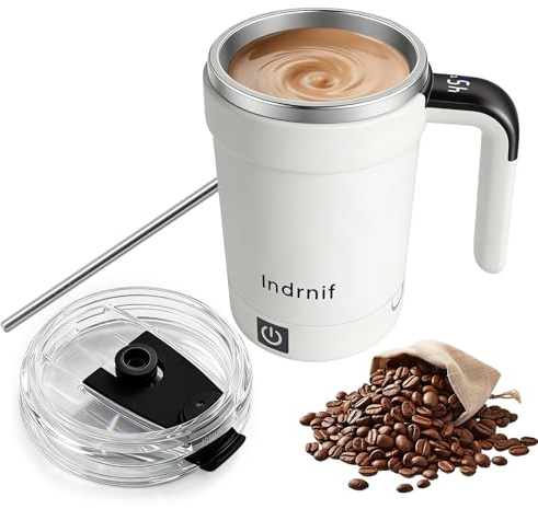 380ml Automatic Self Stirring Coffee Mug, Electric Mixing Cup with Magnetic Stirrer and LED Temperature Display, Rechargeable Travel Mug with Whisk and Detachable Base for Coffee, Milk, Cocoa (white)