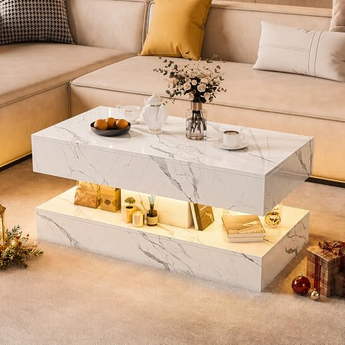 SAOOZBE Couchtisch Hochglanz mit Led, Helligkeit und Farbe Einstellbar, Wohnzimmertisch Modern mit Stauraum, Kaffeetisch Wohnzimmer mit Offenem Ausstellungsregal und 2 Schubladen (Weiß, 100 x 50 cm)