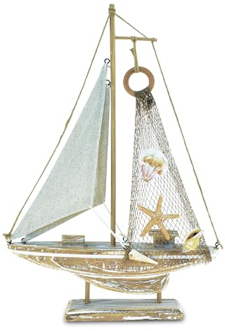 Puzzled Baja Haven Sailboat Decor - Handmade Beach Themed Wooden Boat Home Decor for Living Room Shelves, Tabletop, Desk, Cute Nautical Party Decorations - 14.5 Inches