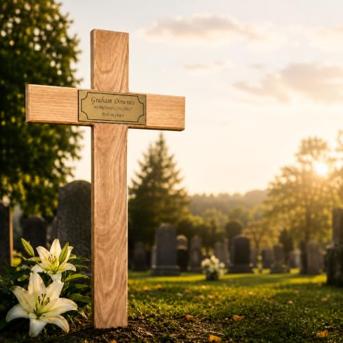 Personalised Memorial Cross – Solid Oak Remembrance Cross with Plaque