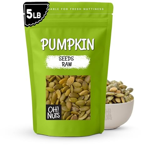 Oh! Nuts Pepitas Raw Unsalted Pumpkin Seeds - Resealable 5-Pound Bulk Bag - All-Natural Protein Power - Fresh, Healthy Snacks - Unshelled Pepitas