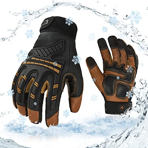 Vgo... 2-Pairs -4℉ or above Winter Waterproof High Dexterity Heavy Duty Mechanic Glove, Rigger Glove, Anti-vibration, Anti-abrasion, Touchscreen (Size XL, Brown, GA8954FW)