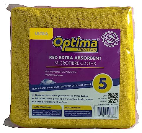 Optima Proclean 5 'Ultra' Premium Thick Microfibre, Heavy Duty, Streak Free, Cleaning Cloths, 40x40cm, Yellow