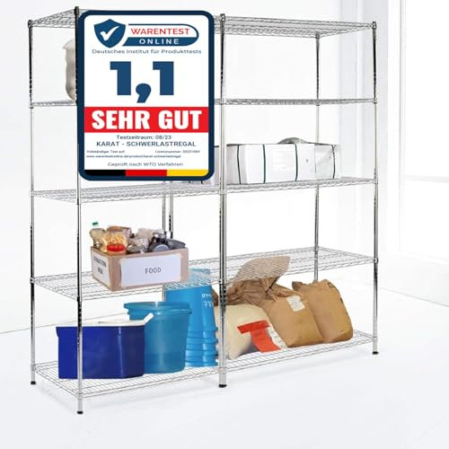 Scaffale con ripiani a griglia Everest, in metallo, portata circa 70 kg per ripiano. Sistema di stoccaggio multifunzionale, cromato, disponibile in diverse dimensioni (90 x 35 x 160 cm, 4 ripiani)