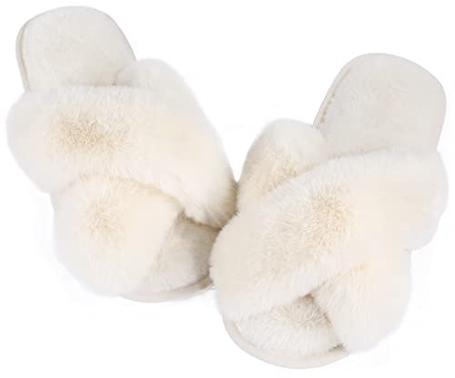 Ankis Women's Cross Band Fluffy Slippers With Memory Foam - Cozy Plush Open Toe Indoor Outdoor Anti-Slide Home Shoes
