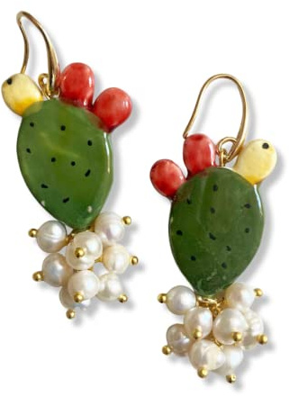 Orecchini Fico d'India in Ceramica con Perle di Fiume – Orecchini Artigianali Fatti a Mano, Bijoux Donna Eleganti, Made in Italy, Idea Regalo Originale, Stile Siciliano