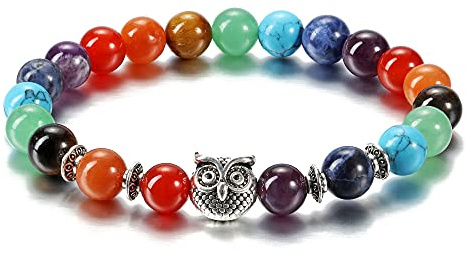 GEHECRST 7 Chakra Armband für Damen und Herren - Naturstein Mit Eule Muster, Yoga, Obsidian Amethyst, Healing Reiki - 8 mm Perlen (7 Chakra)