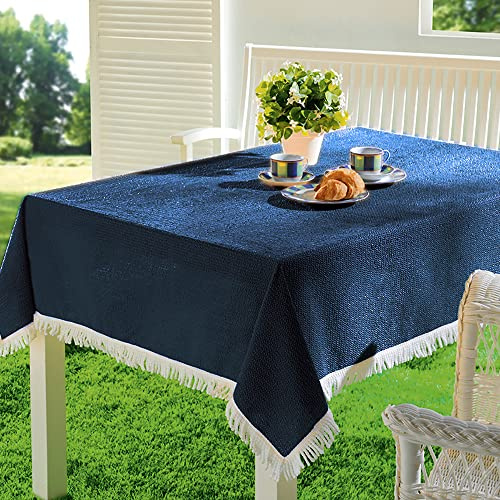 EMHELLE Gartentischdecke Garten Balkon Terrasse Tischdecke Camping Picknick Rund Oval Eckig Außen und Innenbereich Rutschhemmende Oberfläche mit weißen Fransen (130 x 180 cm, Dunkelblau)