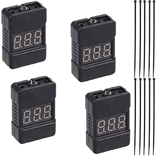 Youmile 4 pcs RC 1-8S Battery Tester Lipo Li-ion Battery Voltage Tester Voltage Buzzer Alarm with LED Indicator,with nylon cable tie for Lipo Life LiMn Li-ion Battery