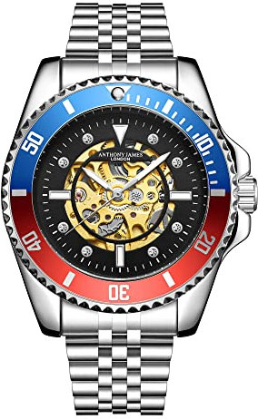 Anthony James Skeleton Sports Automatic Armbanduhren für Herren - Von Hand montierte, Wasser- und Kratzfeste analoge Uhr mit Split-Sekunden-Zähler - Herren Armbanduhren mit 5 Jahren Garantie