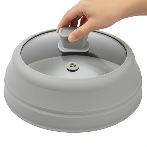 Microwave Splatter Cover 9 Inch, Collapsible Cookware Lid with Handle | Silicone and Tempered Glass, Heat Resistant Handle, 1 Steam Hole, Machine Washable, Easy to Store for Home Kitchen, Grey