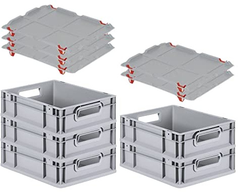 PROREGAL SparSet 5x Eurobox NextGen Grip mit Auflagedeckel & 4 roten Schiebeschnappverschlüssen, HxBxT 12x30x40cm, 11 L, Grau, Griffe offen, Eurobehälter, Transportbox
