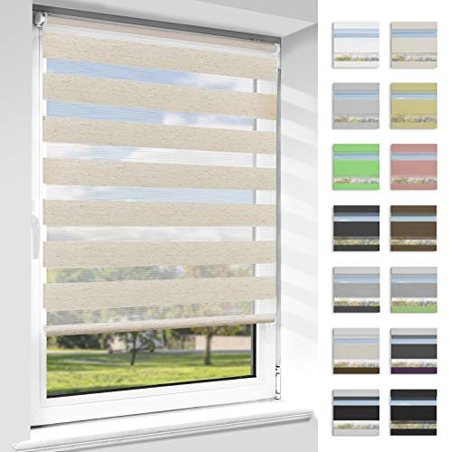 OUBO Doppelrollo Klemmfix ohne Bohren Beige B35 x H130cm (Stoffbreite: 31cm), Duo Rollo für Fenster und Tür, Fensterrollo Sonnenschutz & Sichtschutz