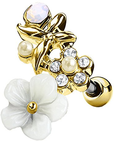Taffstyle Piercing Stecker Blüte Blume Strass Glitzer Zirkonia Kristall Ohr Cartilage Tragus Helix Ohrpiercing Knorpel Barbell Stab mit Kugel Lang Flach Gold