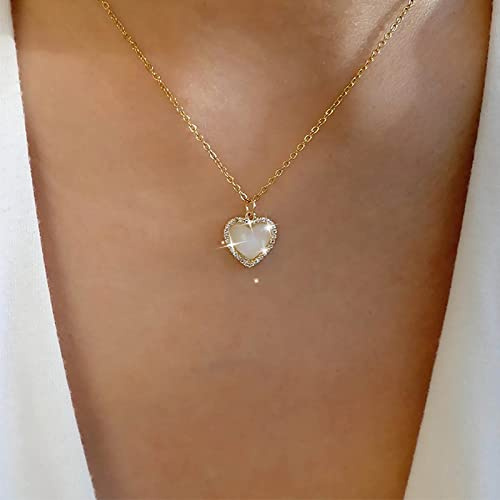 TseenYi Collier avec pendentif en opale cœur Pierre de lune - Vintage - Ras du cou - Bijoux femmes et filles