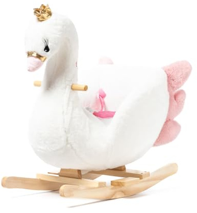 Cheval à Bascule (Cygne) en Forme de Cygne Blanc pour Enfant en Peluche Douce et Non-Toxique pour Les bébés, avec poignées, Base en Bois, mélodie, idéal pour décoration de Chambre d'enfant