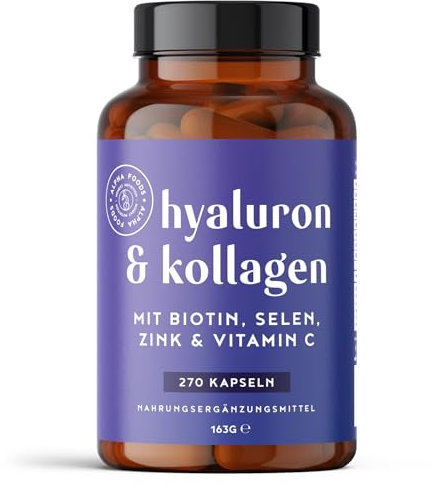 Hyaluron & Kollagen Komplex | 270 Kapseln | Hochdosiert mit Hyaluronsäure, Biotin, Selen, Zink, Vitamin C & Bambusextrakt | Hyaluron Collagen Complex | Haut, Haare, Nägel | Alpha Foods