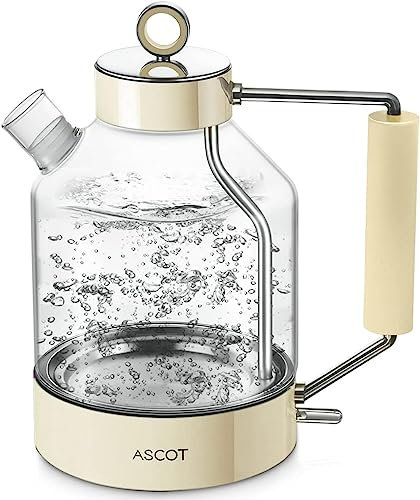 Electric Kettle, ASCOT Glass Electric Tea Kettle 1.5L 2200W Tea Heater & Hot Water Boiler, Borosilicate Glass, BPA-Free, Auto Shut-Off, Boil-Dry Protection (Cream)