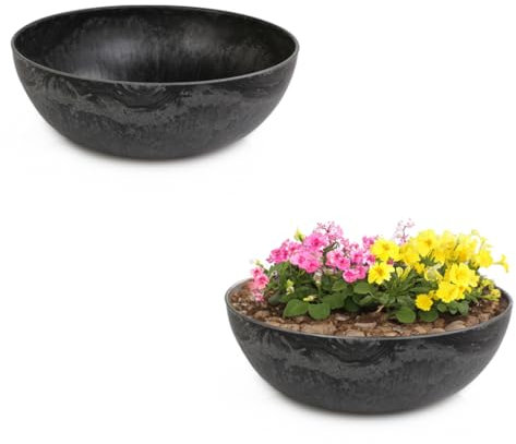 matches21 Pflanzschalen für draußen - 2 große Vintage Dekoschalen schwarz marmoriert als Blumentopf Pflanztopf - Schale in 37 cm als Garten Vogeltränke Balkon-Deko oder Friedhof Grabschale