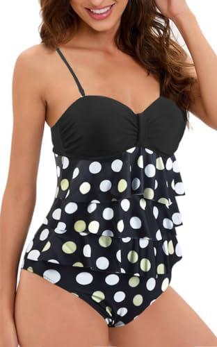 Rayson Dam tankini en del baddräkt volang volang monokini retro baddräkt push-up bandeau magkontroll rygglös utskärning badkläder, Gula prickar, M