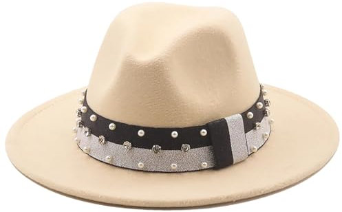 Damen Fedora Hut Mit Breiter Krempe Klassischer Filzhut Eleganter Fascinator Männerhut beige 58 61CM