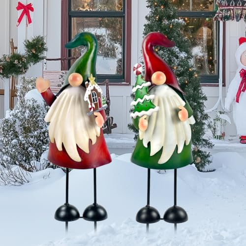 HONGLAND Garden Gnome Statue Outdoor Metal Gnome Yard Art 18 Inch Gnome Figurine Decorative Stakes for Holiday Xmas Lawn Patio Yard Garden Decor-2 PCS