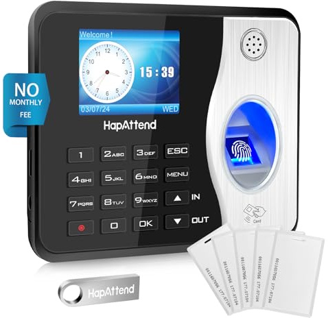 HapAttend Clocking in Machine - Standalone Card Scanner Attendance Machine with 5 RFID Cards, H3 Fingerprint Time Clocks for Employees Small Business Automatic Calculate Hours(0 Monthly Fees)