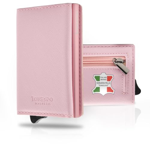 1ONESPO MAGNETIC Porta Carte di Credito Donna VERA PELLE - Portafoglio donna piccolo con Portamonete e Contanti -Porta tessere e documenti - Portacarte protezione RFID, SAFFIANO Rosa